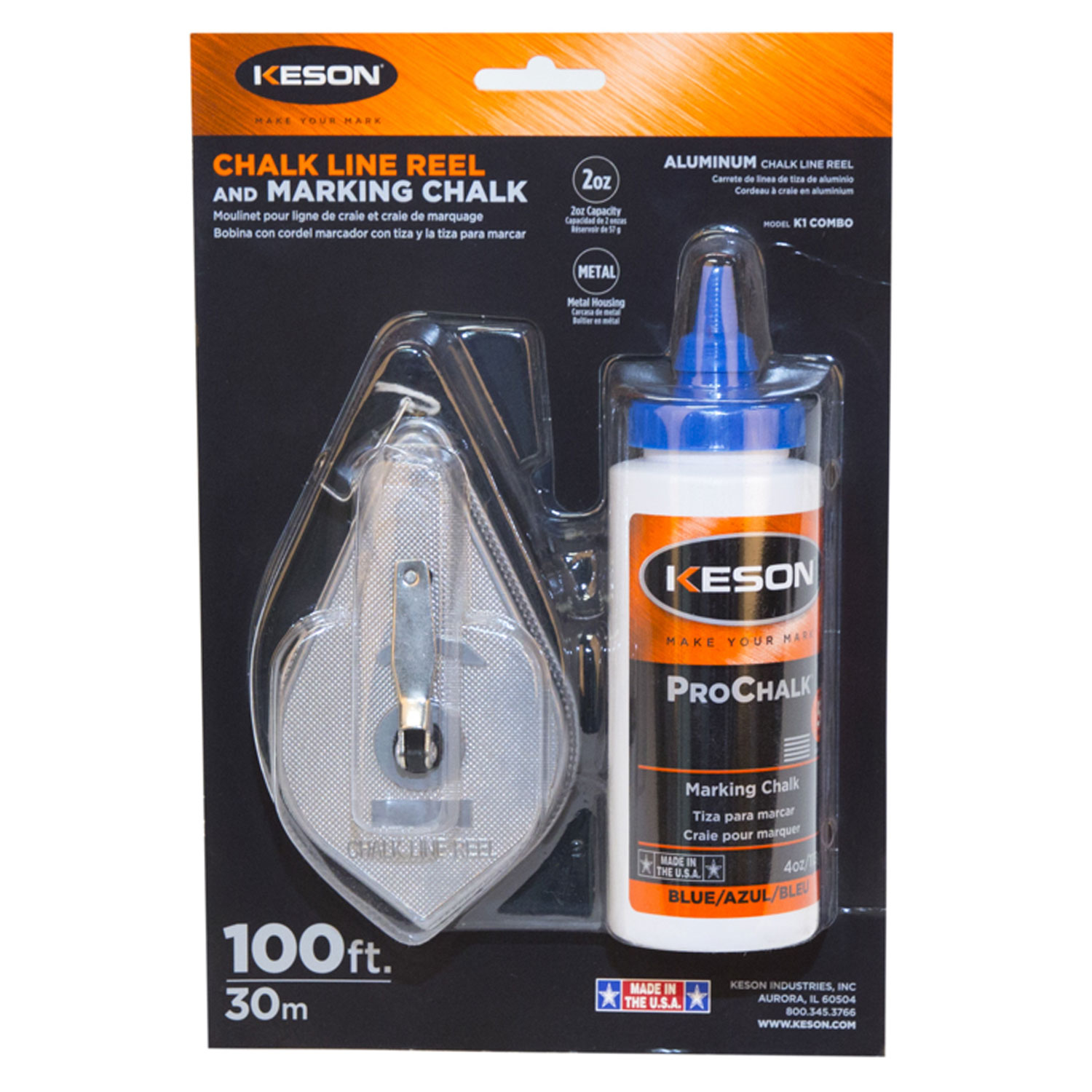 KESON CHALK LINE REEL SET, METAL, 100 FT, W/ 4 OZ BLUE